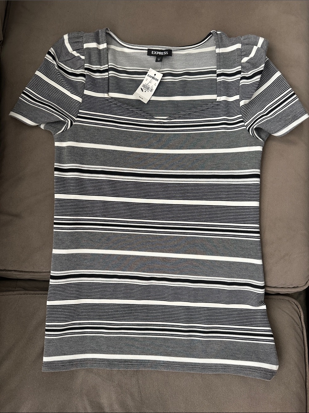 Express Women's Grey & White Striped Short Sleeve Top